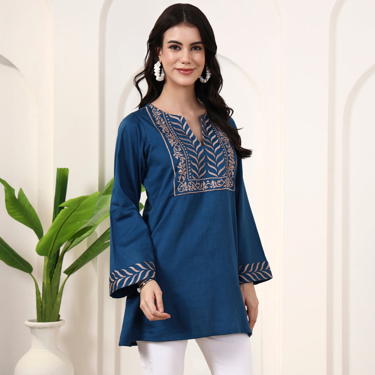 Teal Blue Kurta for Women – Cotton Satin – Side View | First Resort by Ramola Bachchan