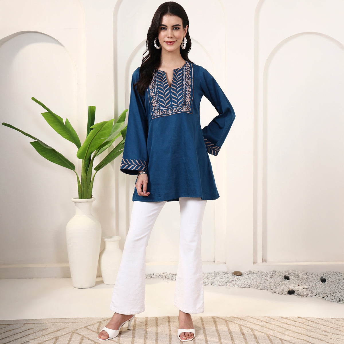 Teal Blue Kurta for Women – Cotton Satin – Close Up | First Resort by Ramola Bachchan