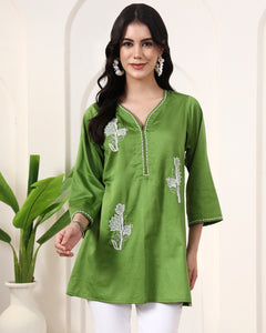 Green Floral Applique Hand Embroidered Kurta