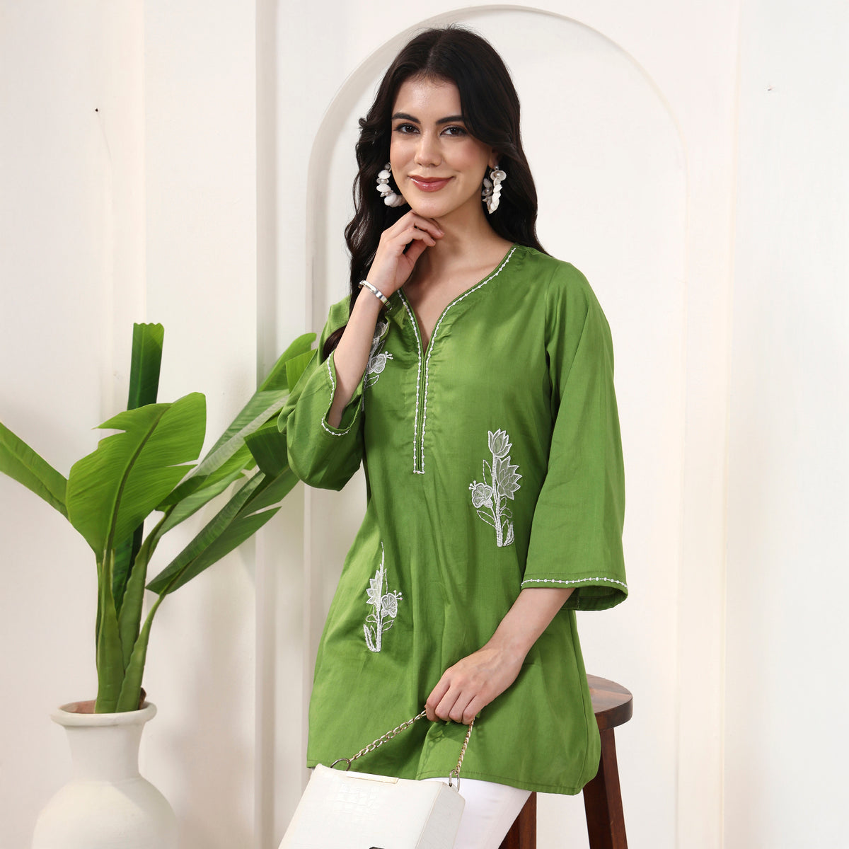 Green Kurta for Women – Cotton Satin – Front View | First Resort by Ramola Bachchan