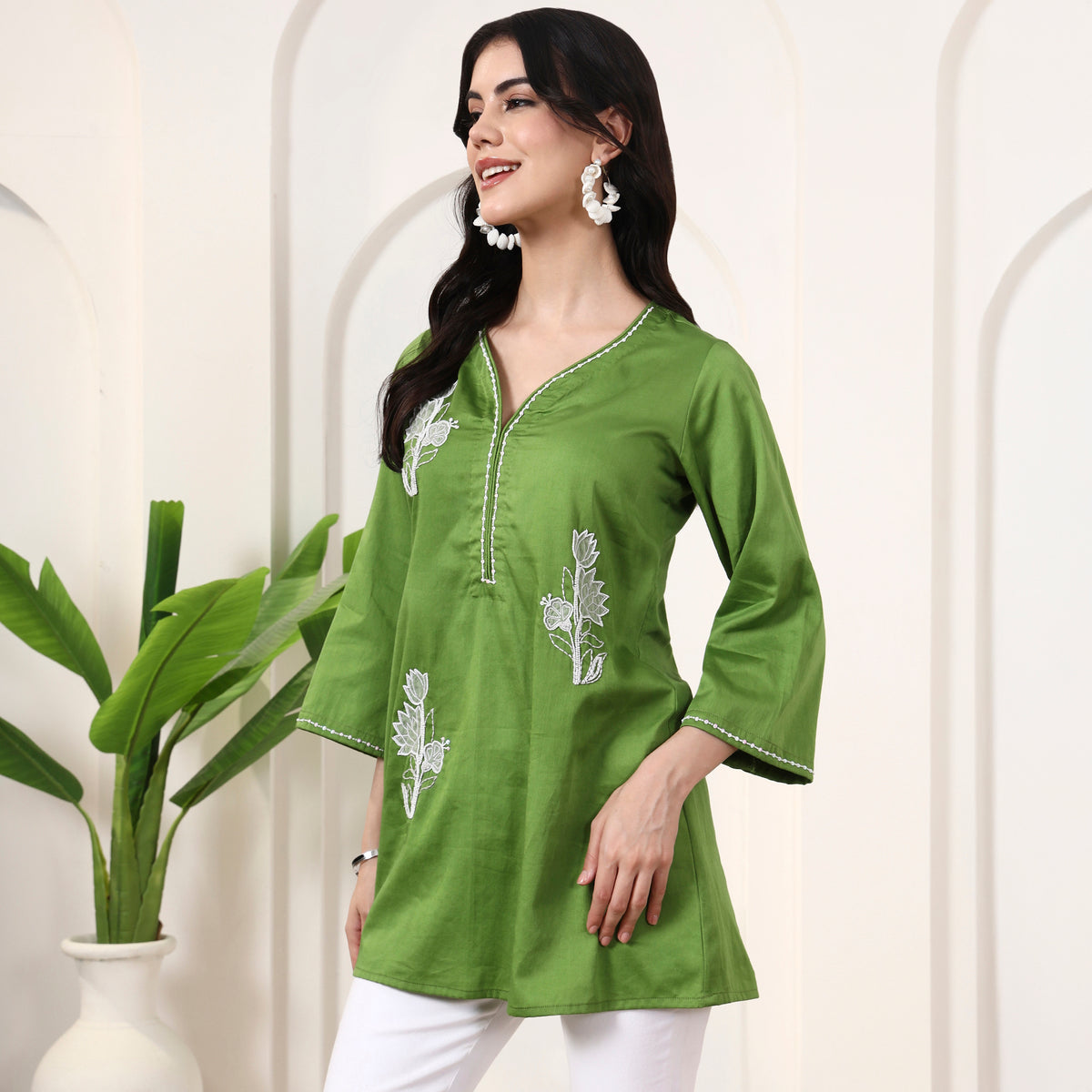 Green Kurta for Women – Cotton Satin – Model View | First Resort by Ramola Bachchan