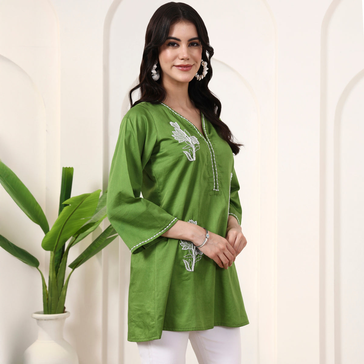 Green Kurta for Women – Cotton Satin – Side View | First Resort by Ramola Bachchan