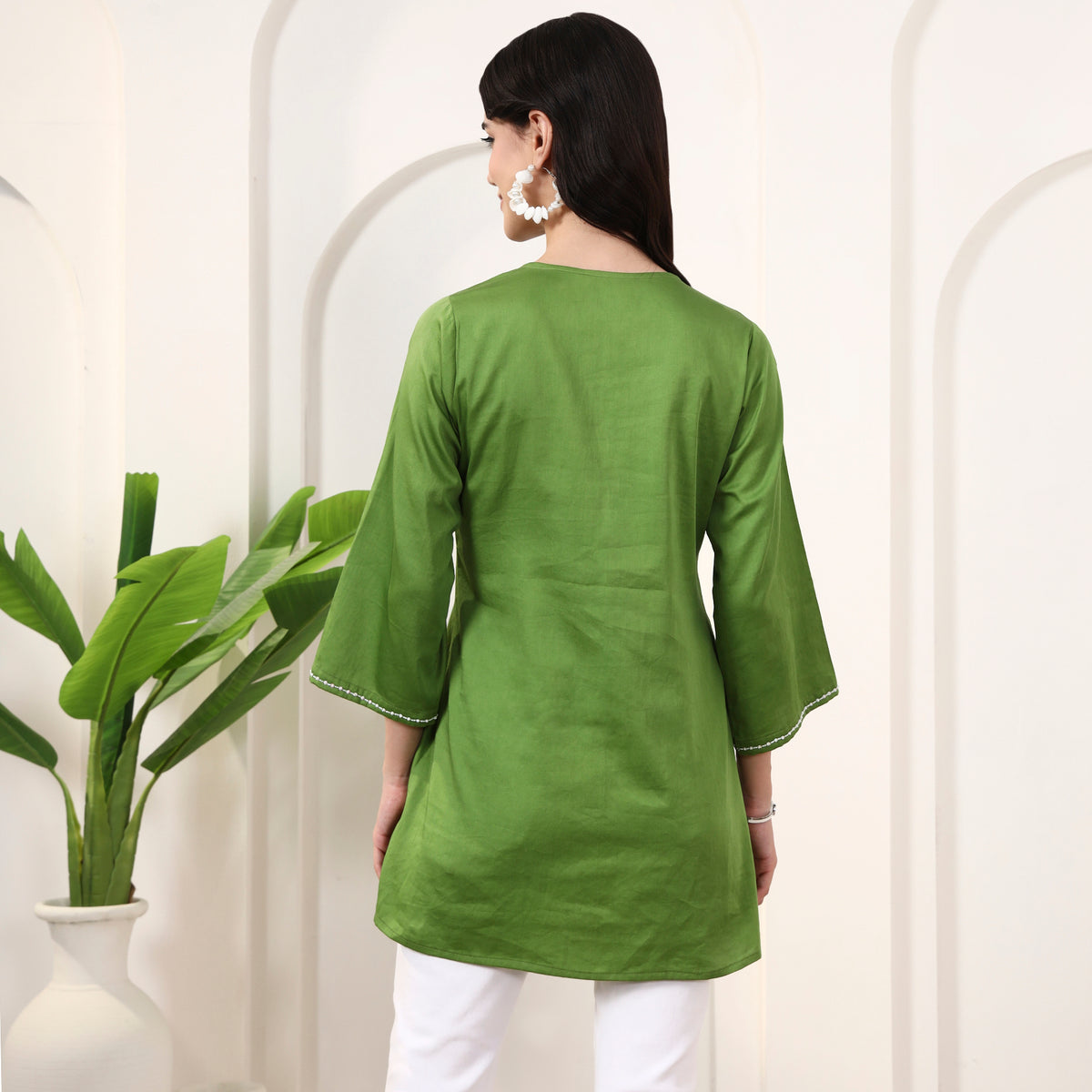Green Kurta for Women – Cotton Satin – Detail View | First Resort by Ramola Bachchan