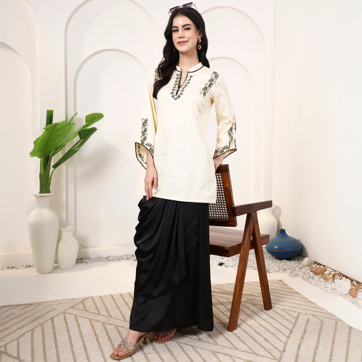 Cream Kurta for Women – Cotton Satin – Front View | First Resort by Ramola Bachchan