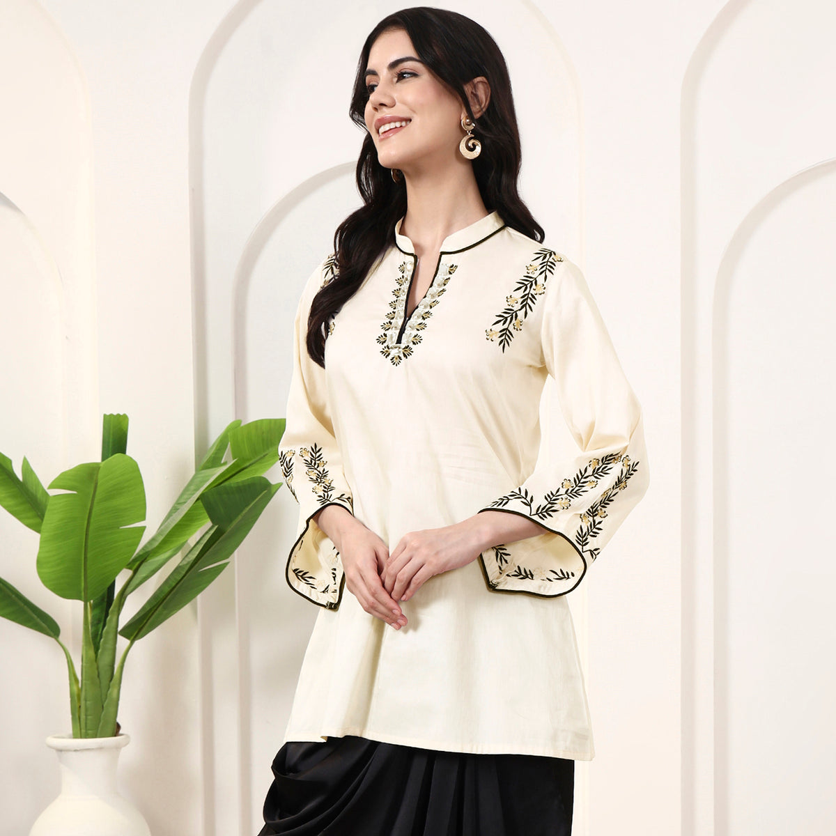 Cream Kurta for Women – Cotton Satin – Model View | First Resort by Ramola Bachchan
