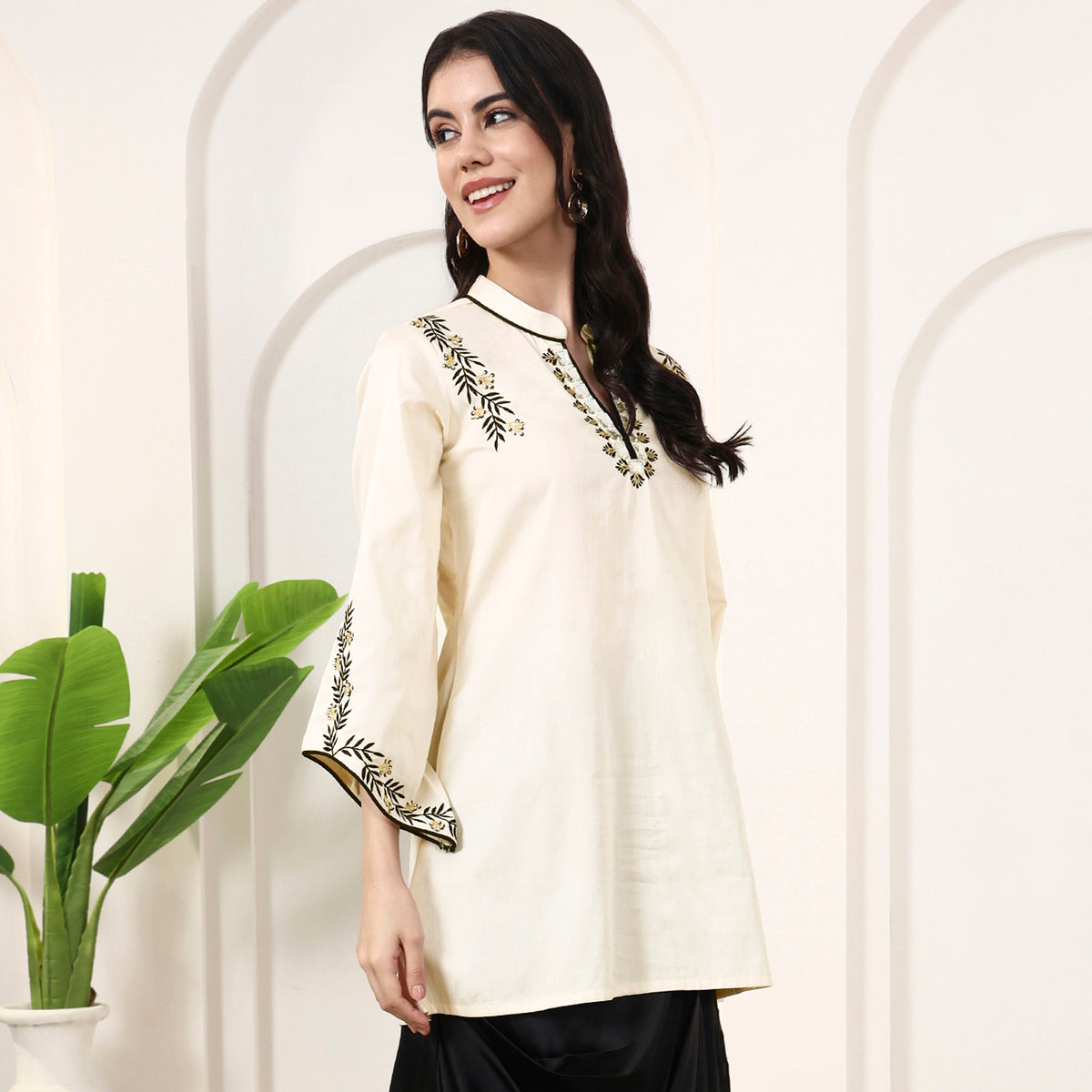 Cream Kurta for Women – Cotton Satin – Side View | First Resort by Ramola Bachchan