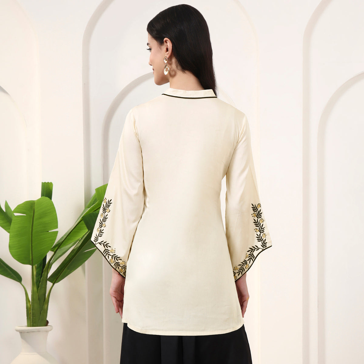 Cream Kurta for Women – Cotton Satin – Detail View | First Resort by Ramola Bachchan