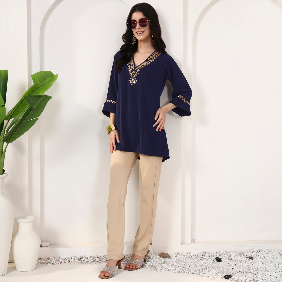 Navy Blue Kurta for Women – Polyester Crepe – Front View | First Resort by Ramola Bachchan