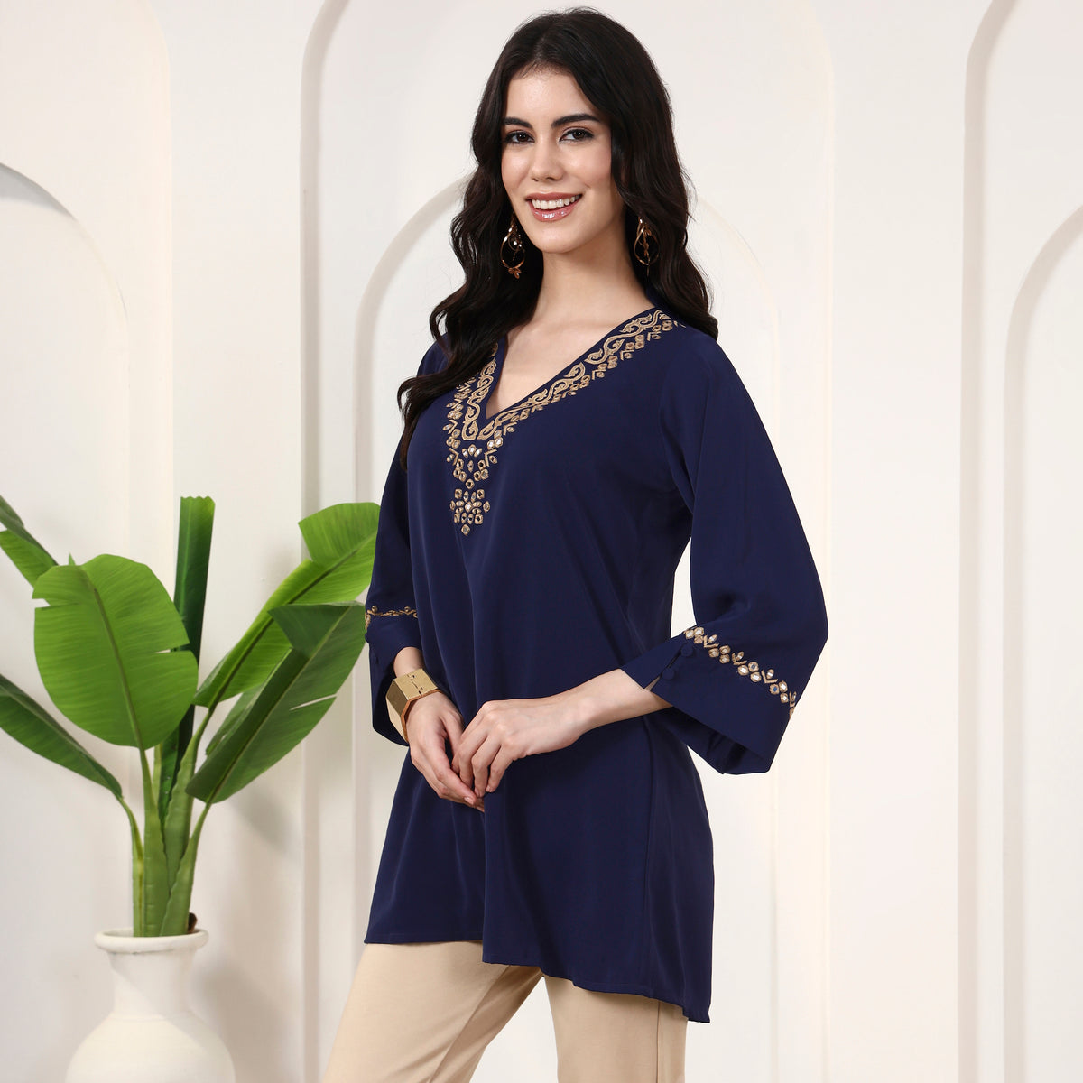 Navy Blue Kurta for Women – Polyester Crepe – Model View | First Resort by Ramola Bachchan