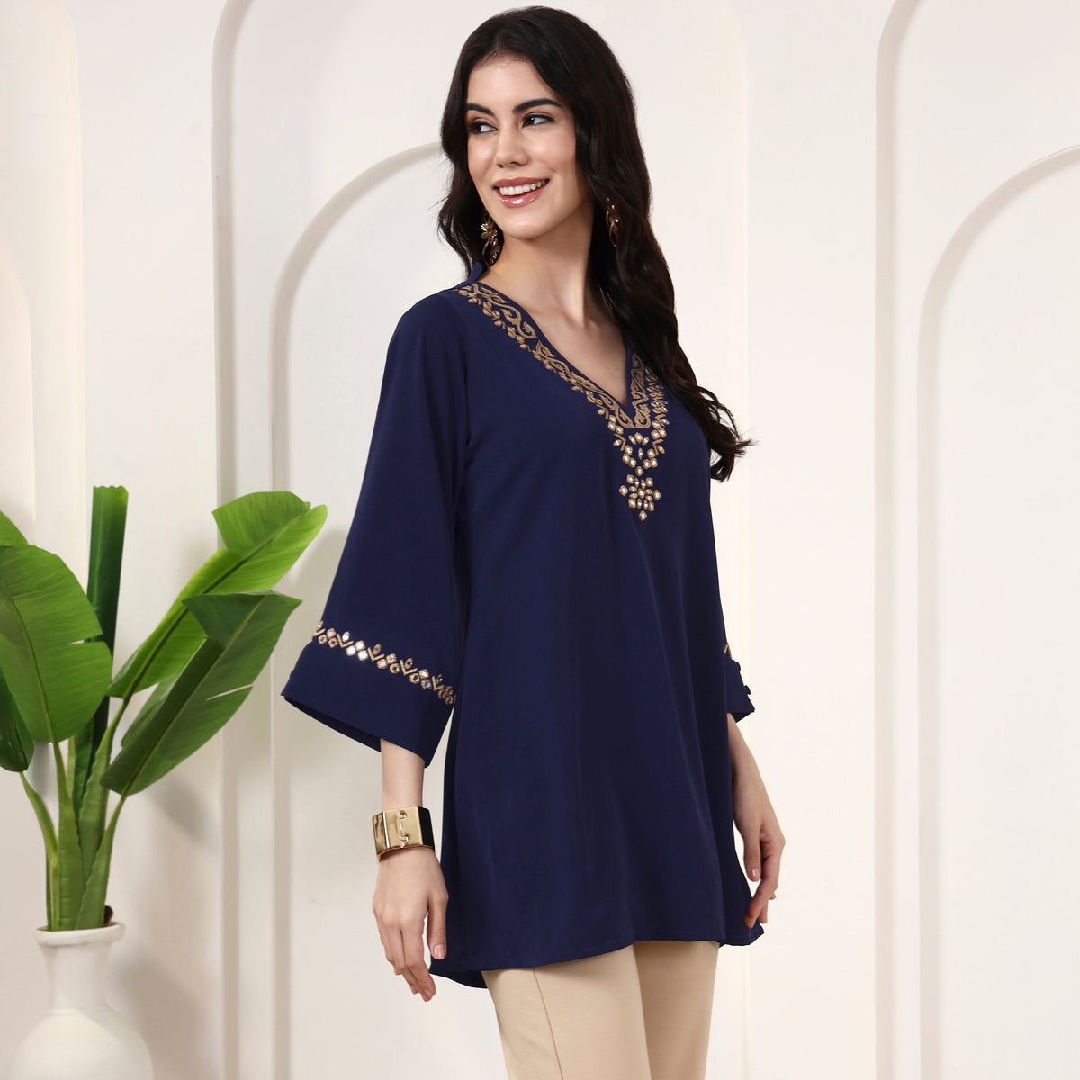 Navy Blue Kurta for Women – Polyester Crepe – Side View | First Resort by Ramola Bachchan