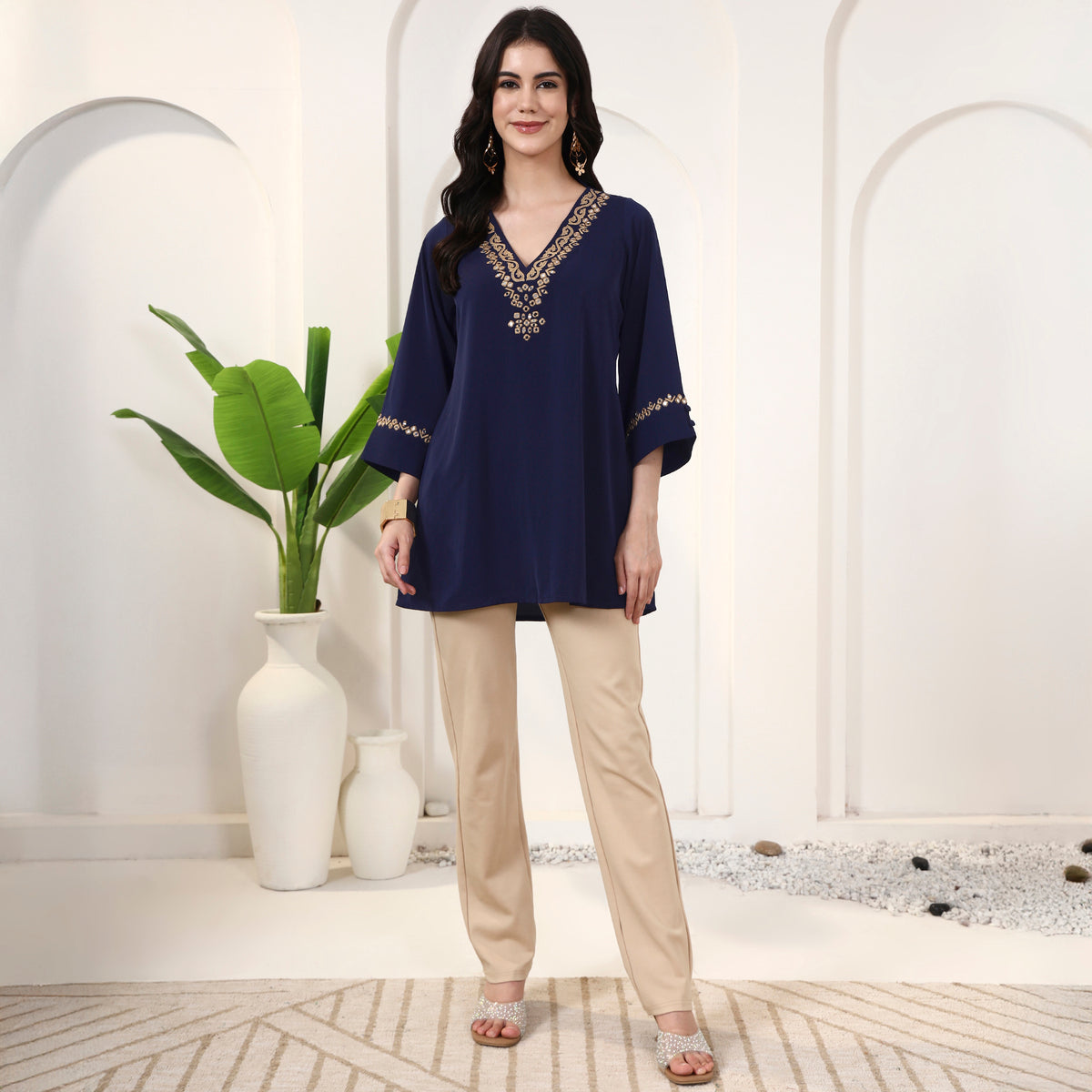 Navy Blue Kurta for Women – Polyester Crepe – Close Up | First Resort by Ramola Bachchan