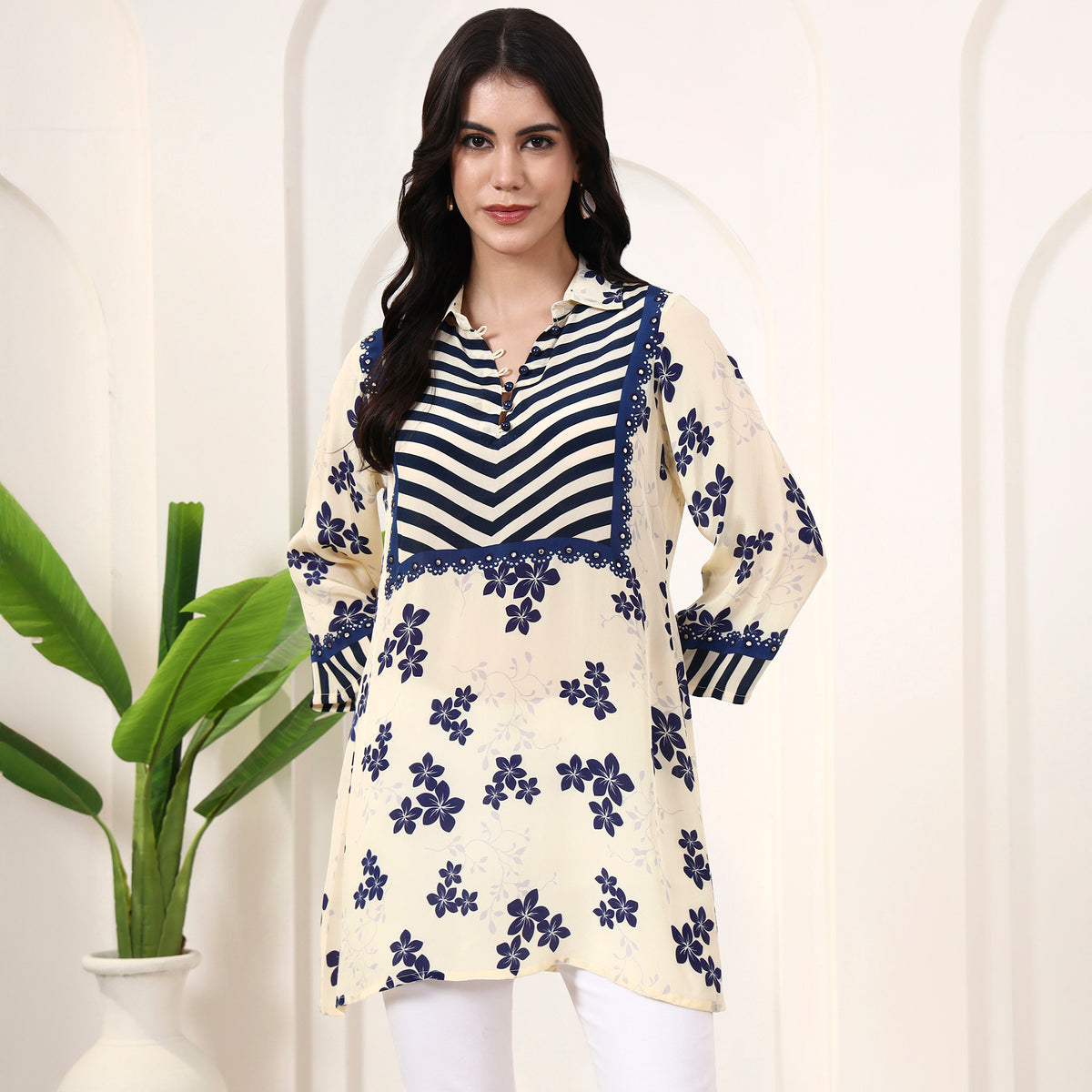 Cream Floral Print Kurta for Women – Viscose Crepe | First Resort by Ramola Bachchan