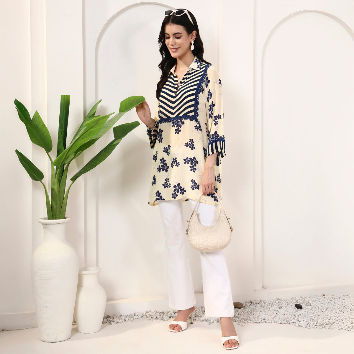 Cream Floral Print Kurta for Women – Viscose Crepe – Front View | First Resort by Ramola Bachchan