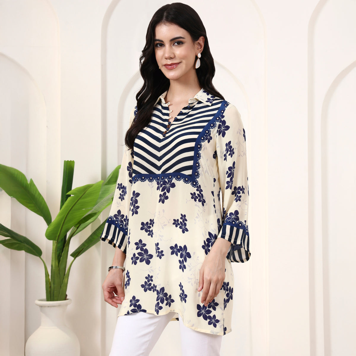 Cream Floral Print Kurta for Women – Viscose Crepe – Model View | First Resort by Ramola Bachchan