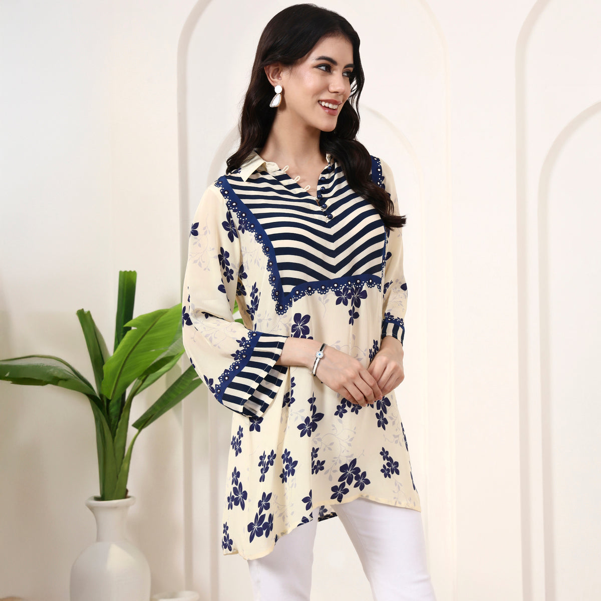 Cream Floral Print Kurta for Women – Viscose Crepe – Side View | First Resort by Ramola Bachchan