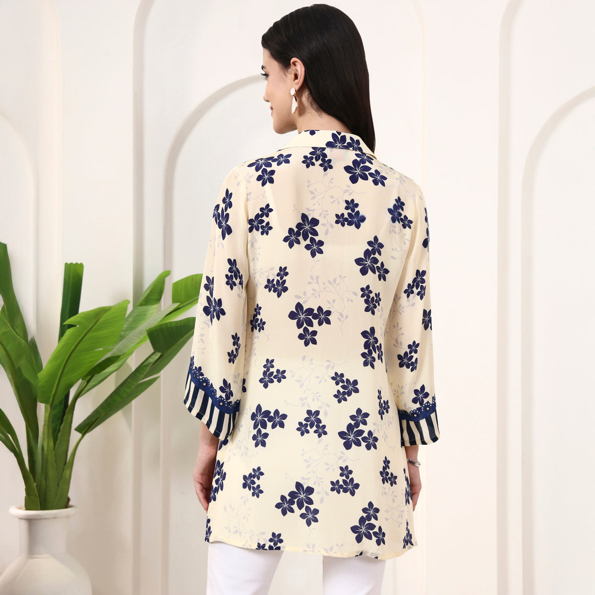Cream Floral Print Kurta for Women – Viscose Crepe – Detail View | First Resort by Ramola Bachchan