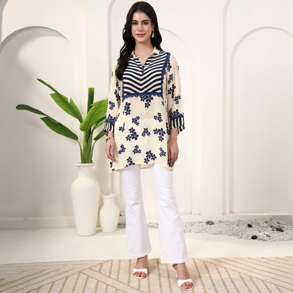 Cream Floral Print Kurta for Women – Viscose Crepe – Close Up | First Resort by Ramola Bachchan