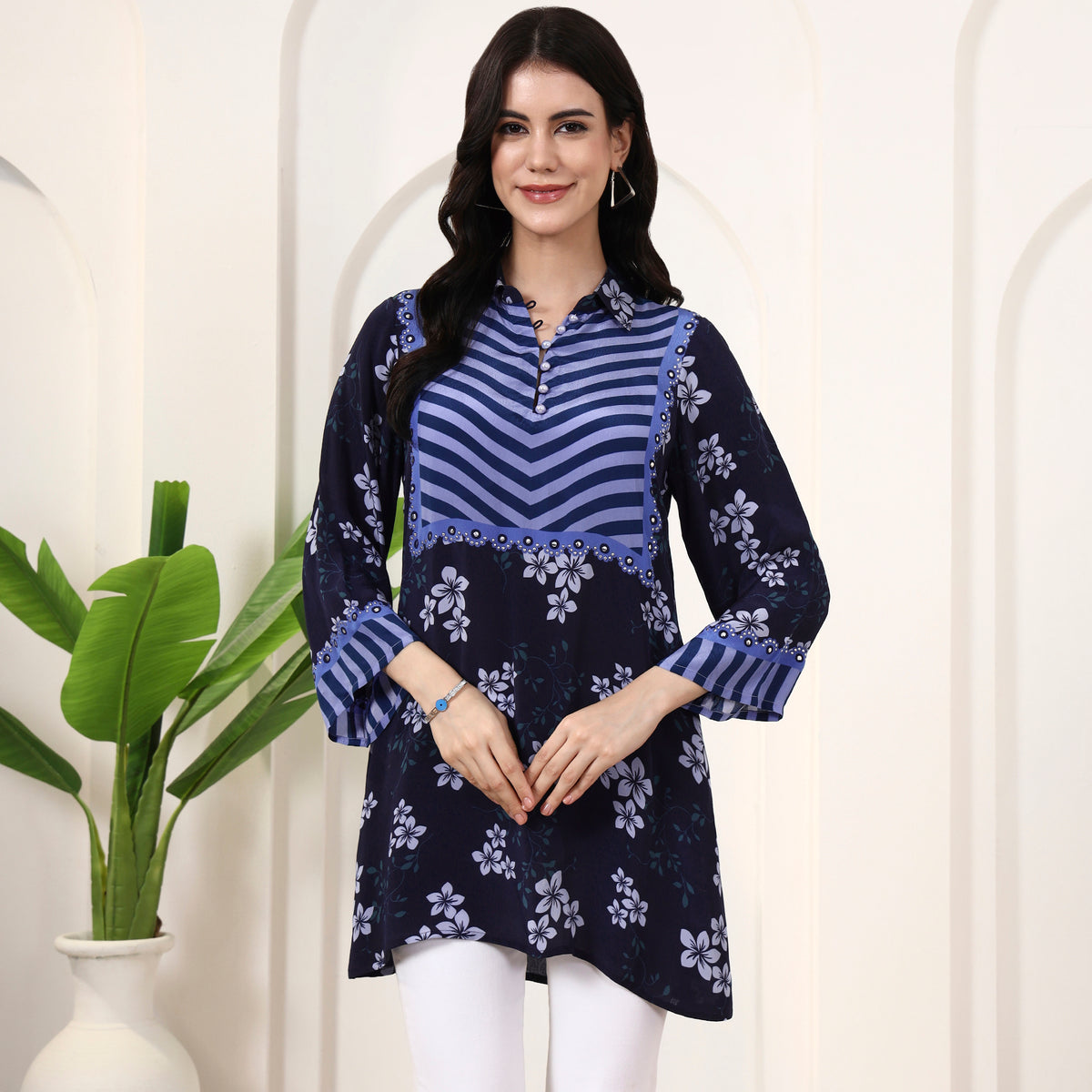 Navy Blue Floral Print Kurta for Women – Viscose Crepe | First Resort by Ramola Bachchan