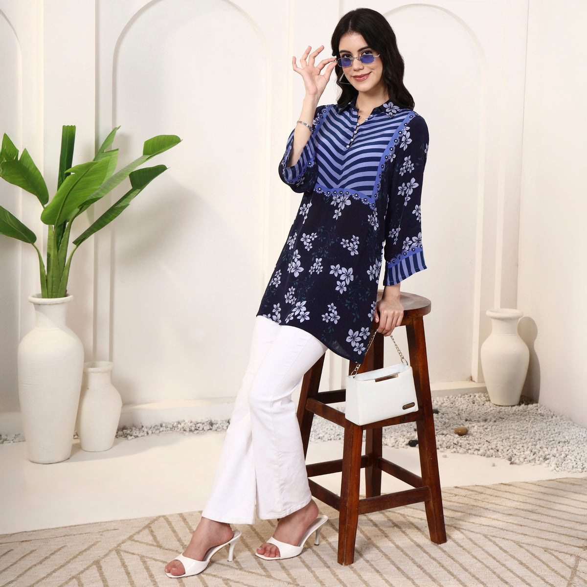 Navy Blue Floral Print Kurta for Women – Viscose Crepe – Front View | First Resort by Ramola Bachchan