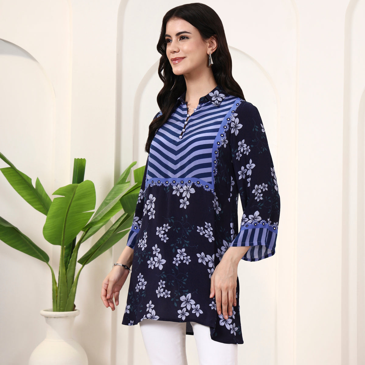 Navy Blue Floral Print Kurta for Women – Viscose Crepe – Model View | First Resort by Ramola Bachchan