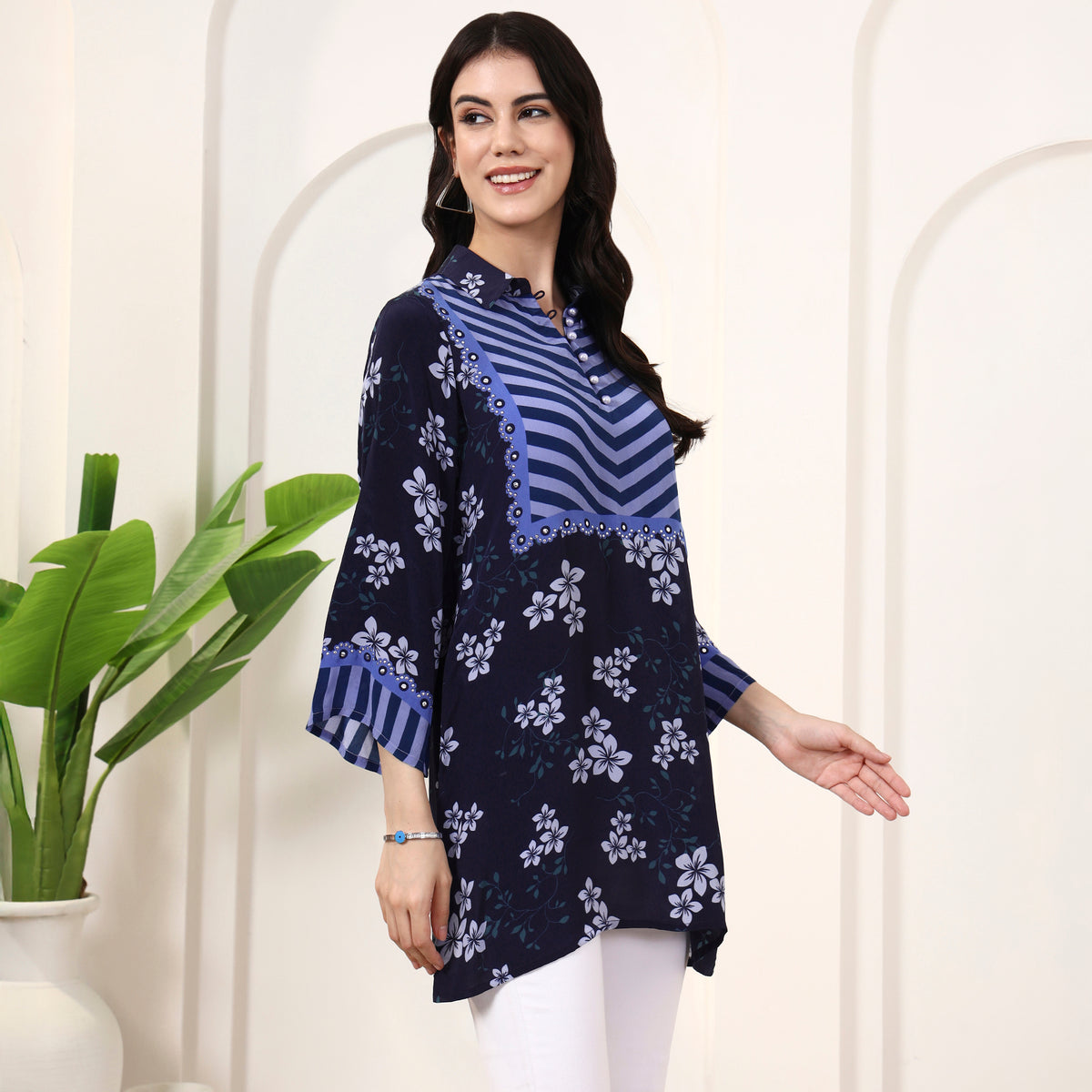 Navy Blue Floral Print Kurta for Women – Viscose Crepe – Side View | First Resort by Ramola Bachchan
