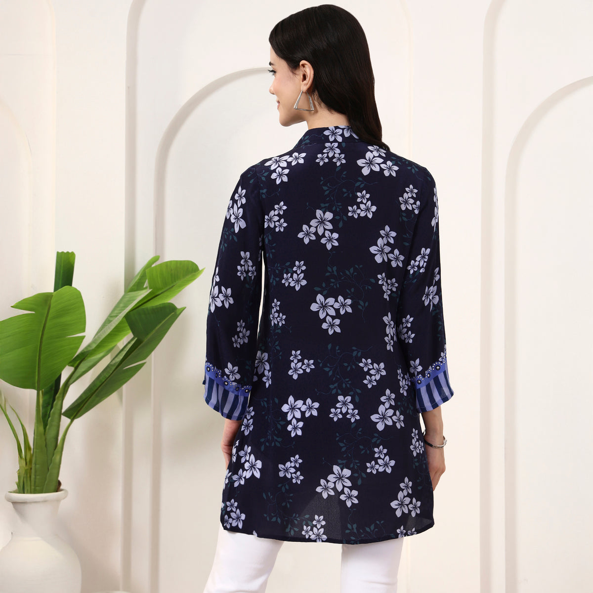 Navy Blue Floral Print Kurta for Women – Viscose Crepe – Detail View | First Resort by Ramola Bachchan