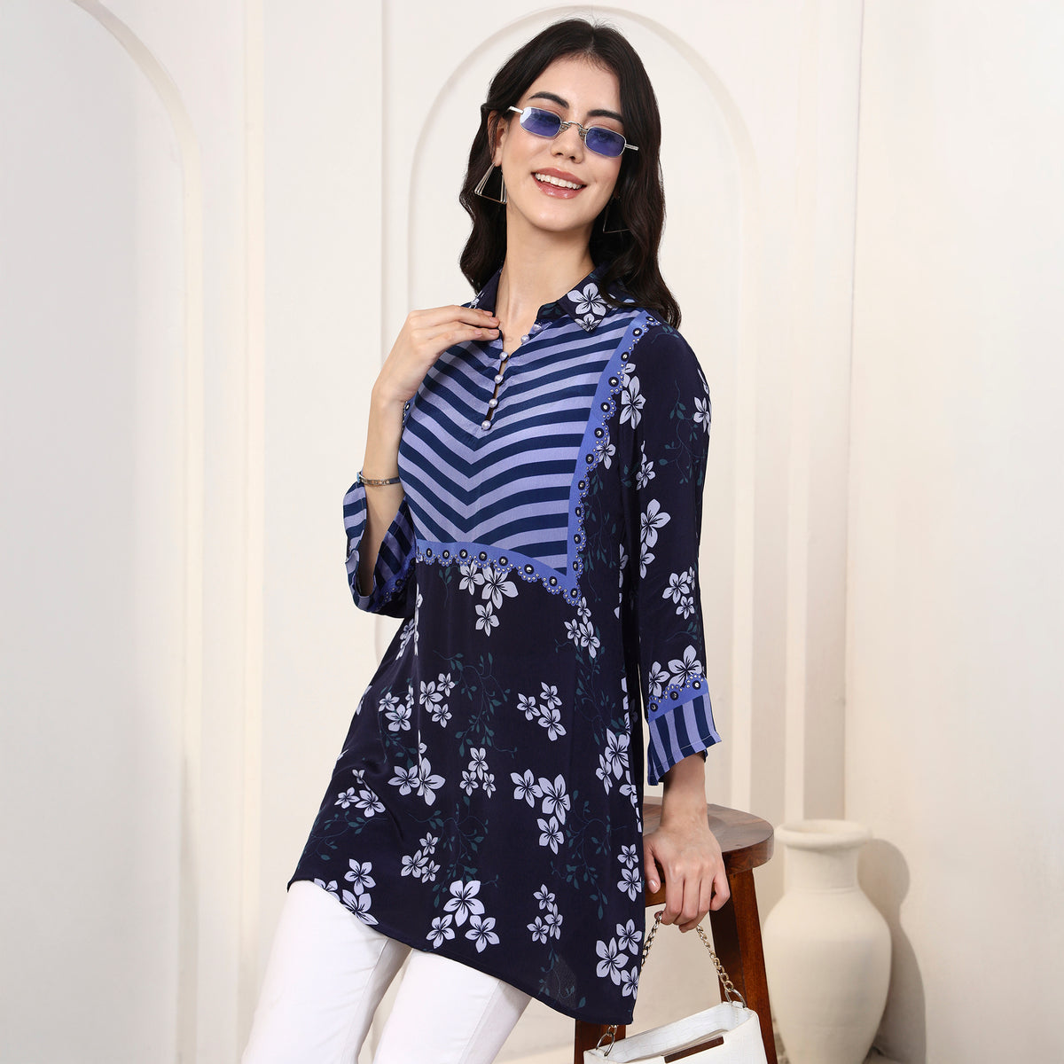Navy Blue Floral Print Kurta for Women – Viscose Crepe – Back View | First Resort by Ramola Bachchan