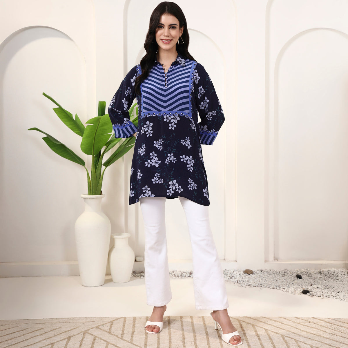 Navy Blue Floral Print Kurta for Women – Viscose Crepe – Close Up | First Resort by Ramola Bachchan