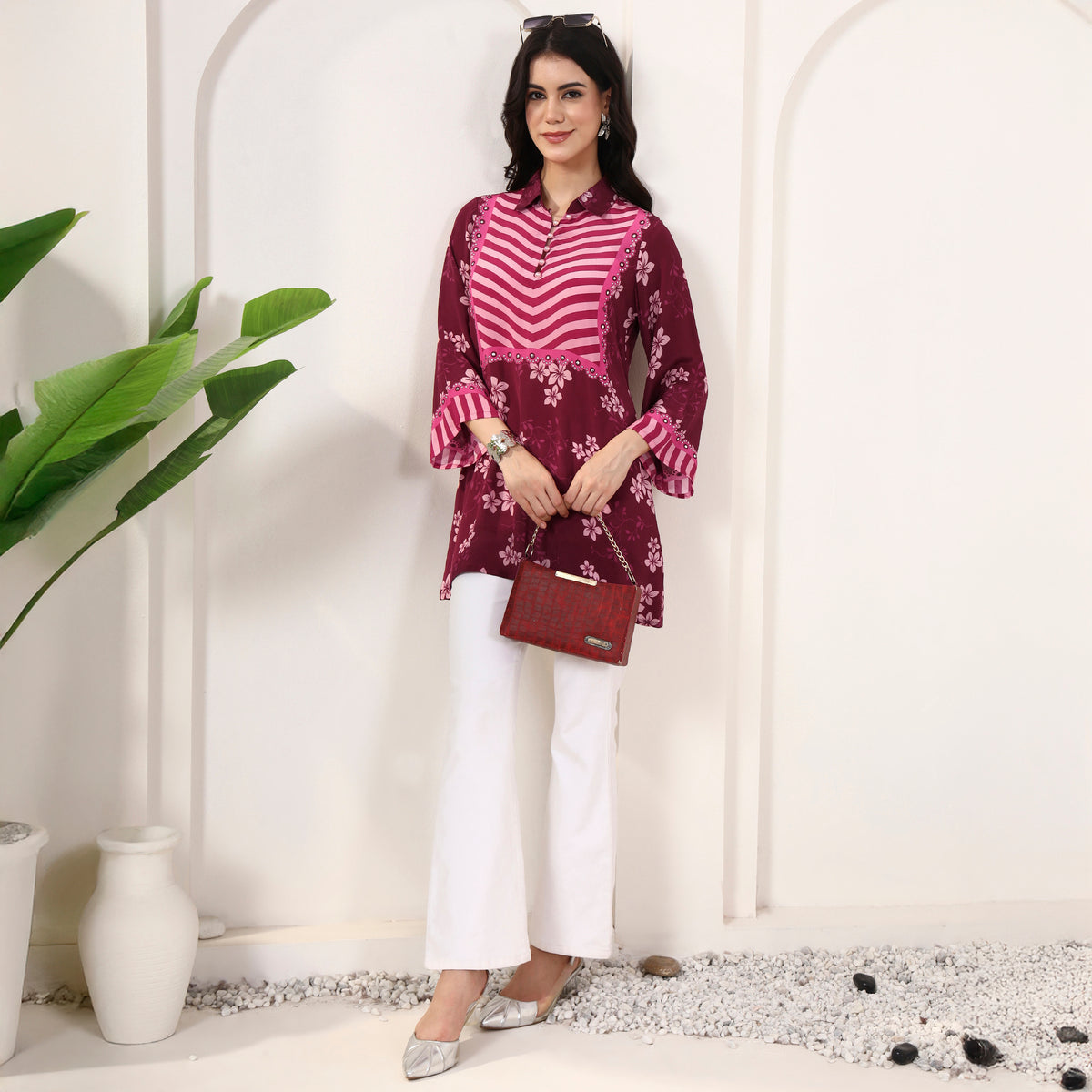 Pink Floral Print Kurta for Women – Viscose Crepe – Front View | First Resort by Ramola Bachchan