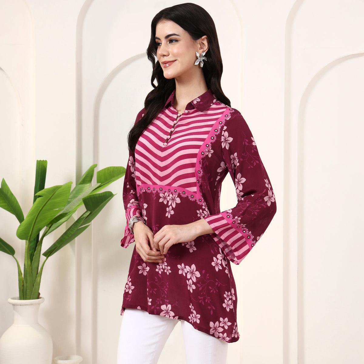 Pink Floral Print Kurta for Women – Viscose Crepe – Model View | First Resort by Ramola Bachchan