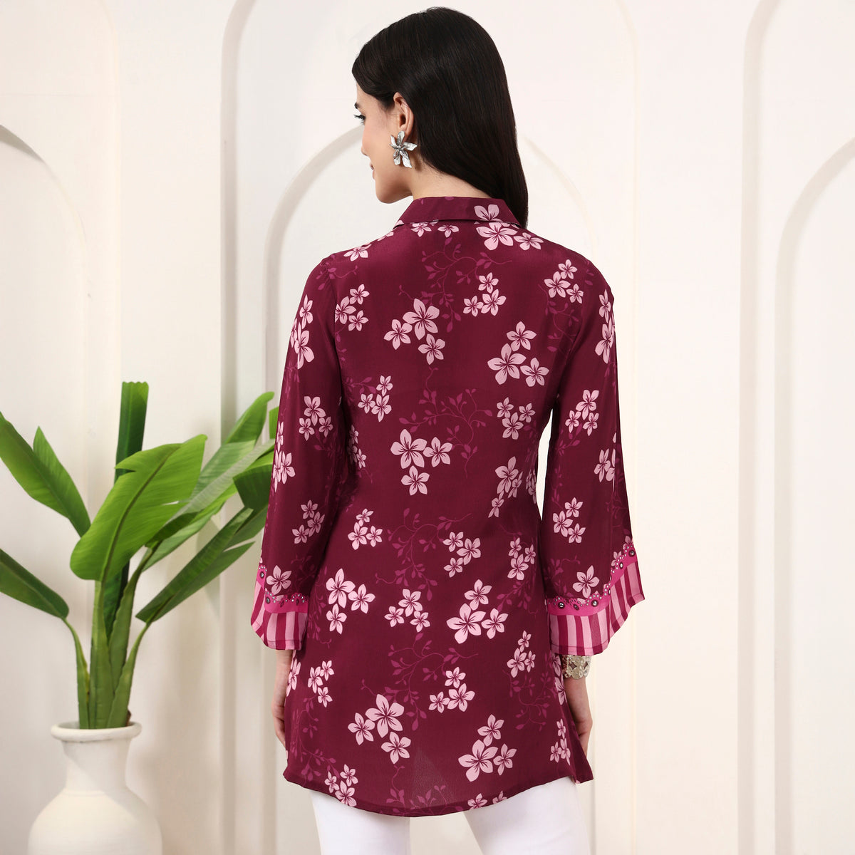 Pink Floral Print Kurta for Women – Viscose Crepe – Detail View | First Resort by Ramola Bachchan