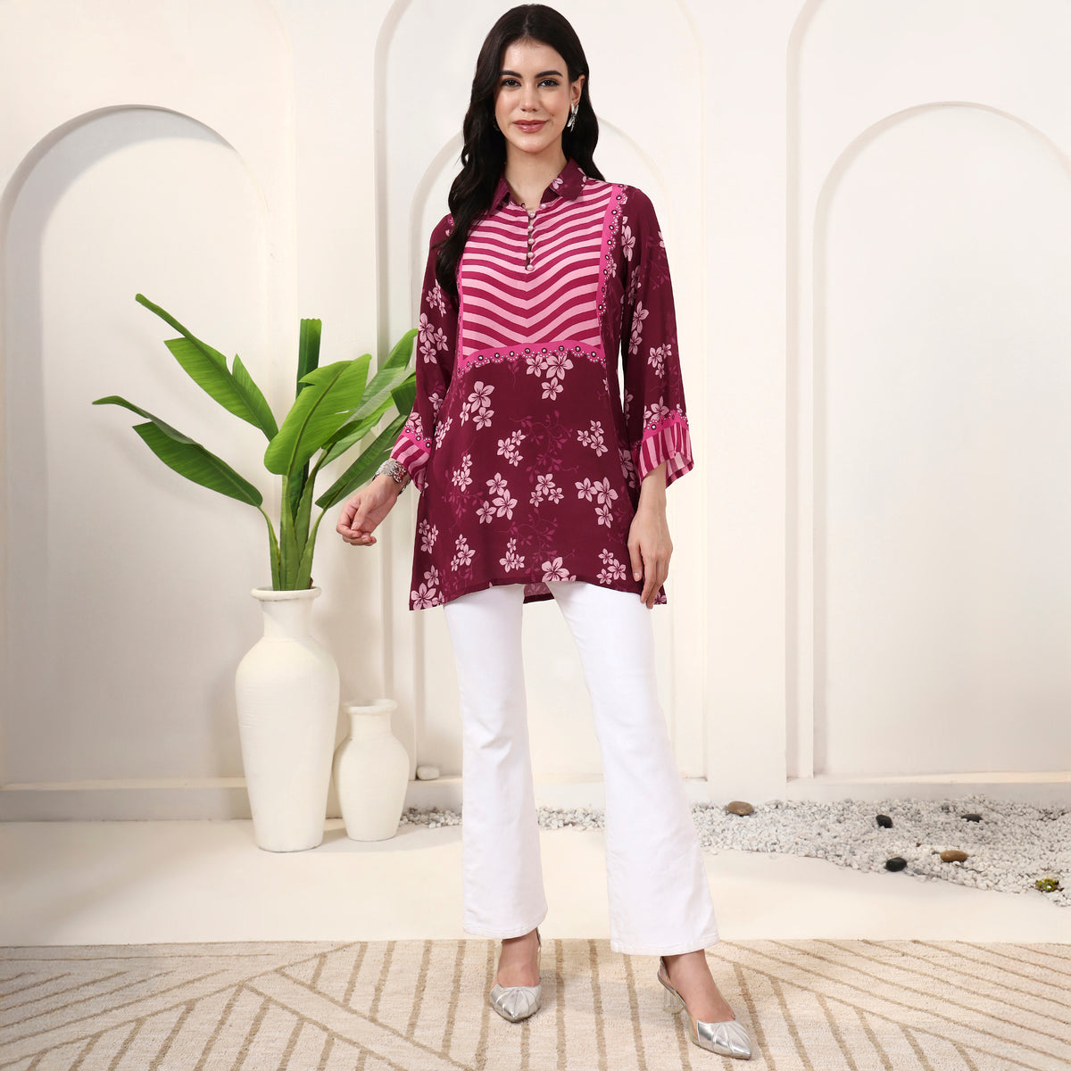 Pink Floral Print Kurta for Women – Viscose Crepe – Close Up | First Resort by Ramola Bachchan