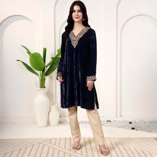Dark Blue Kurta for Women – Silk Velvet, Nylon Crepe | First Resort by Ramola Bachchan