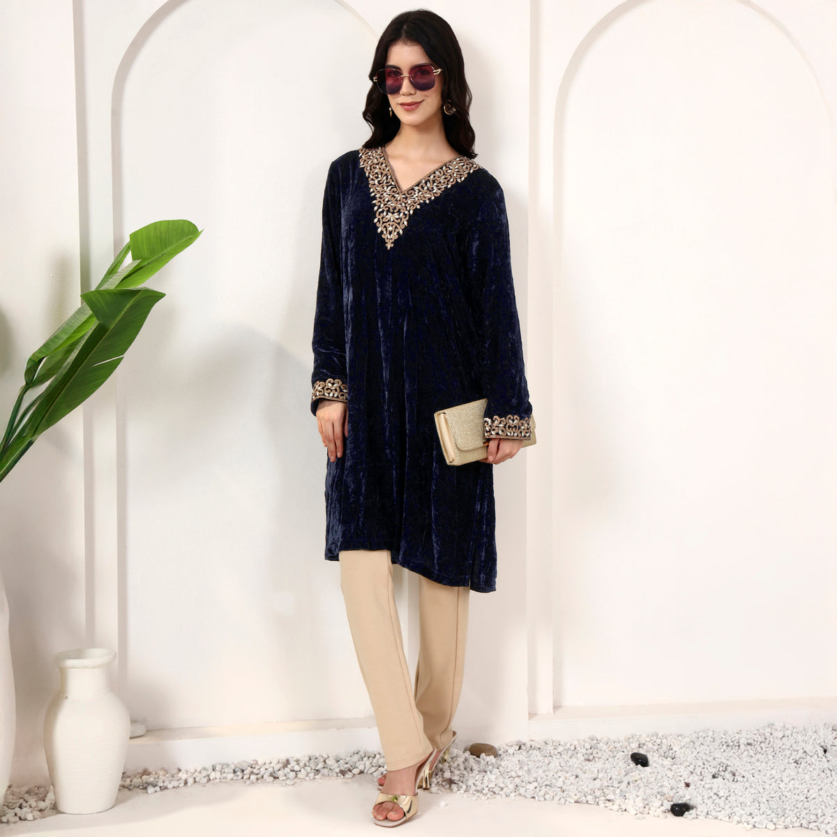 Dark Blue Kurta for Women – Silk Velvet, Nylon Crepe – Front View | First Resort by Ramola Bachchan