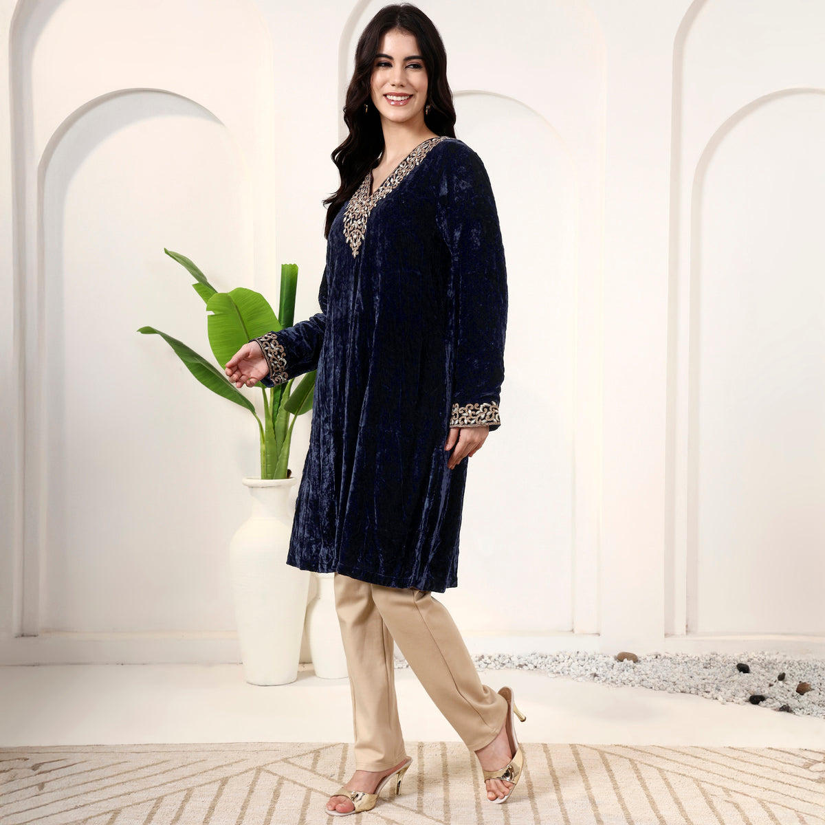 Dark Blue Kurta for Women – Silk Velvet, Nylon Crepe – Model View | First Resort by Ramola Bachchan