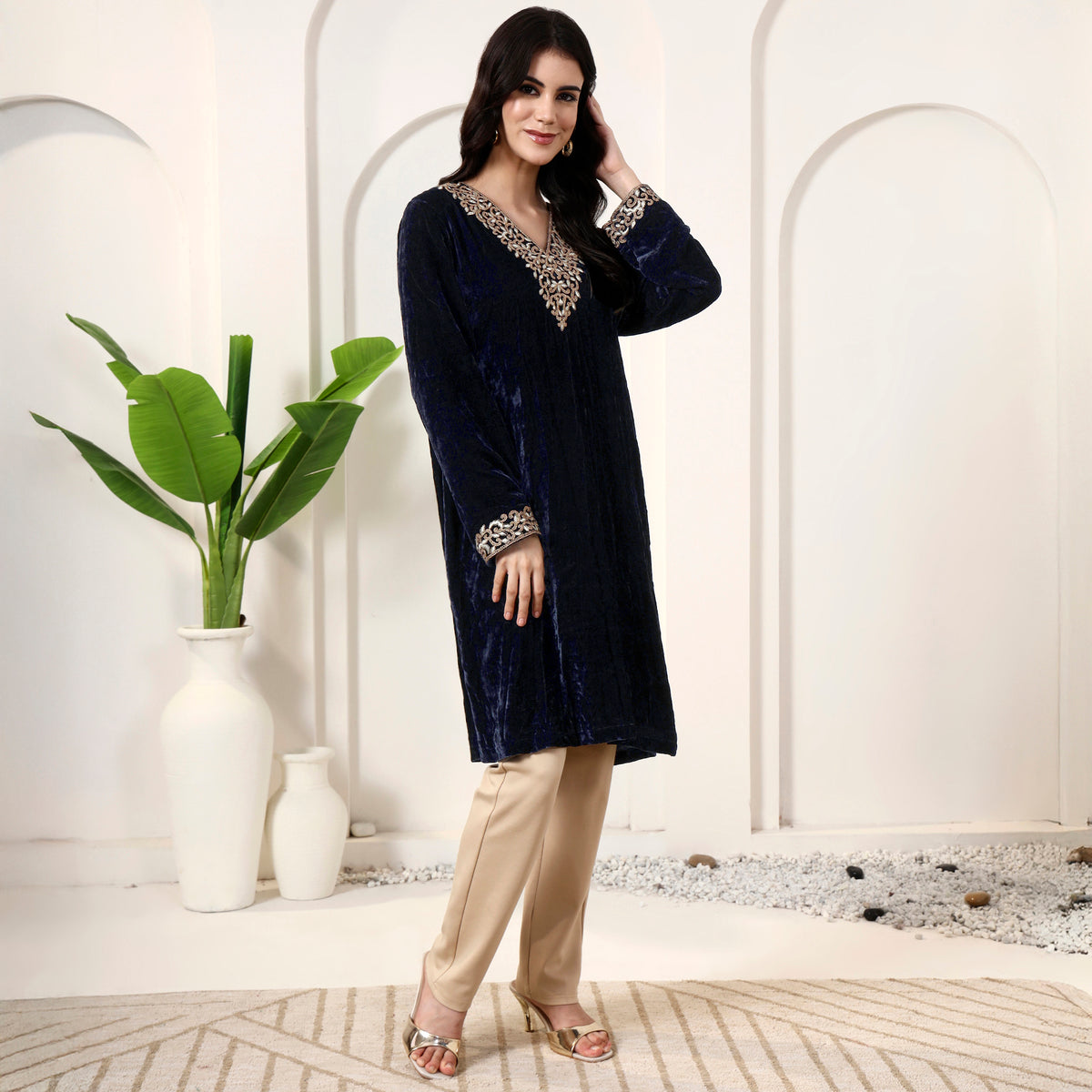 Dark Blue Kurta for Women – Silk Velvet, Nylon Crepe – Side View | First Resort by Ramola Bachchan