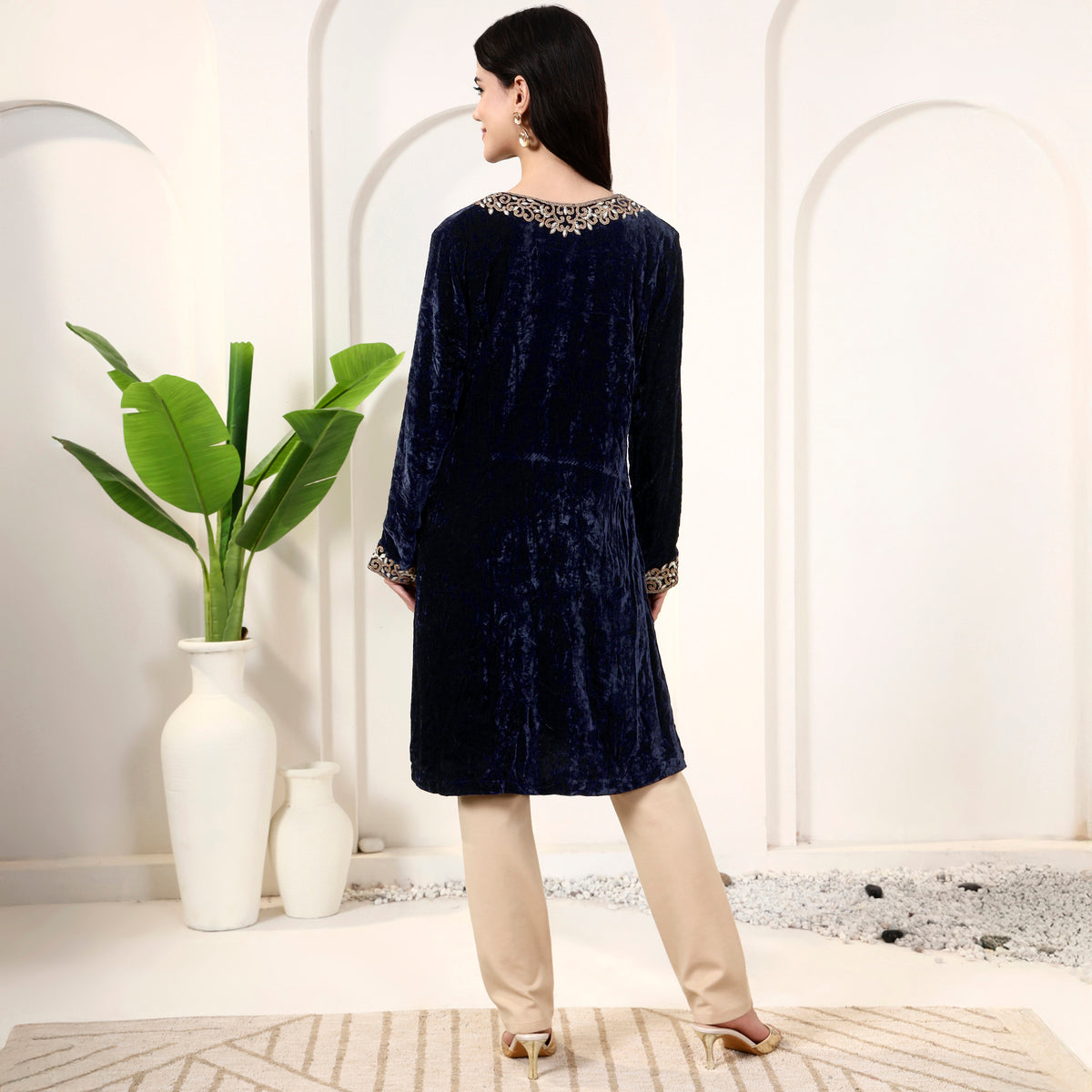 Dark Blue Kurta for Women – Silk Velvet, Nylon Crepe – Detail View | First Resort by Ramola Bachchan