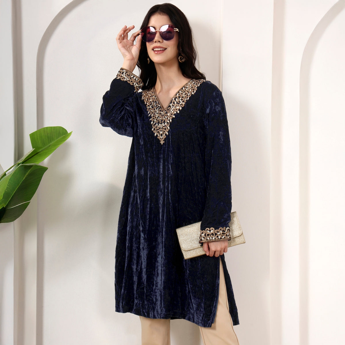 Dark Blue Kurta for Women – Silk Velvet, Nylon Crepe – Close Up | First Resort by Ramola Bachchan