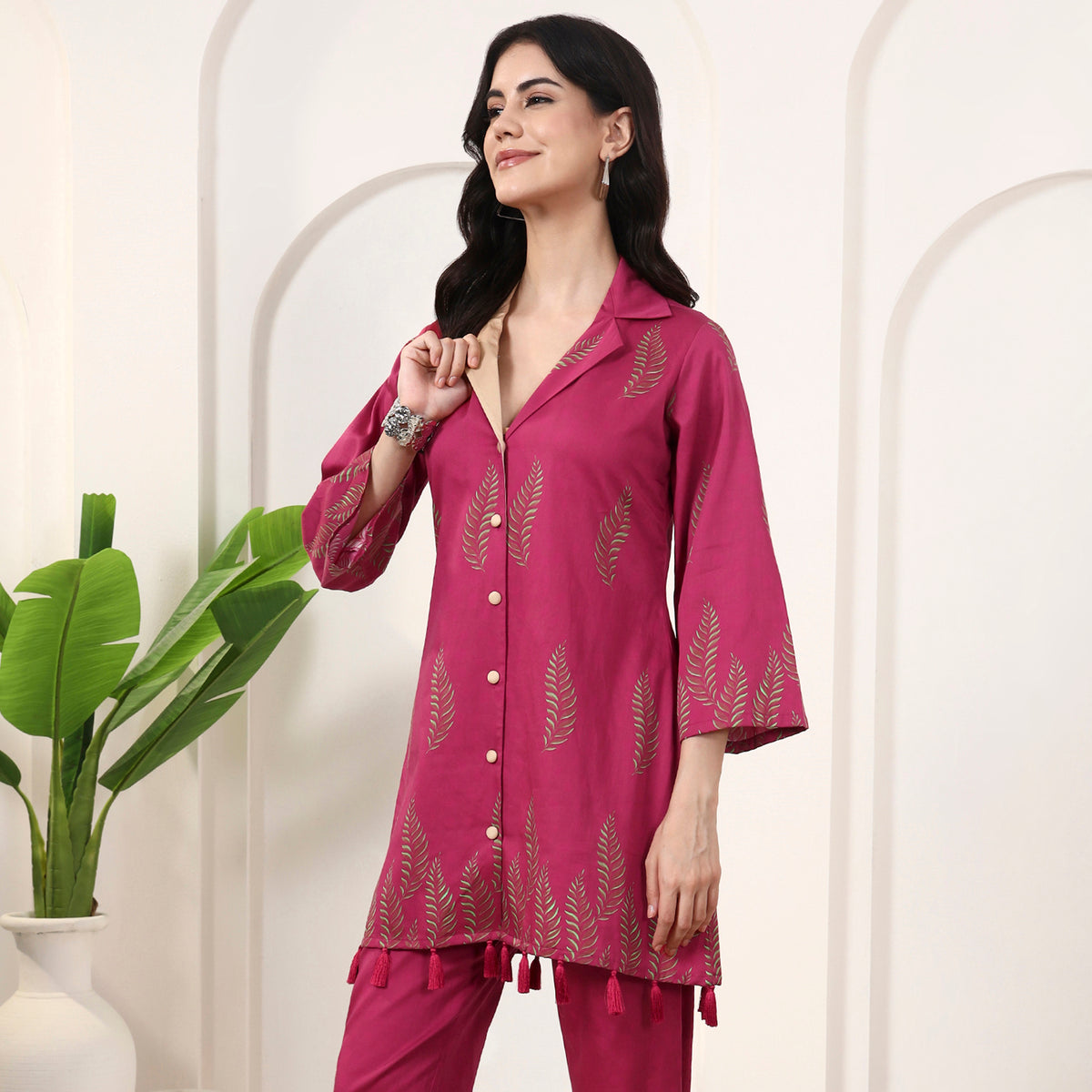 Pink Floral Print Kurta for Women – Cotton Satin – Model View | First Resort by Ramola Bachchan