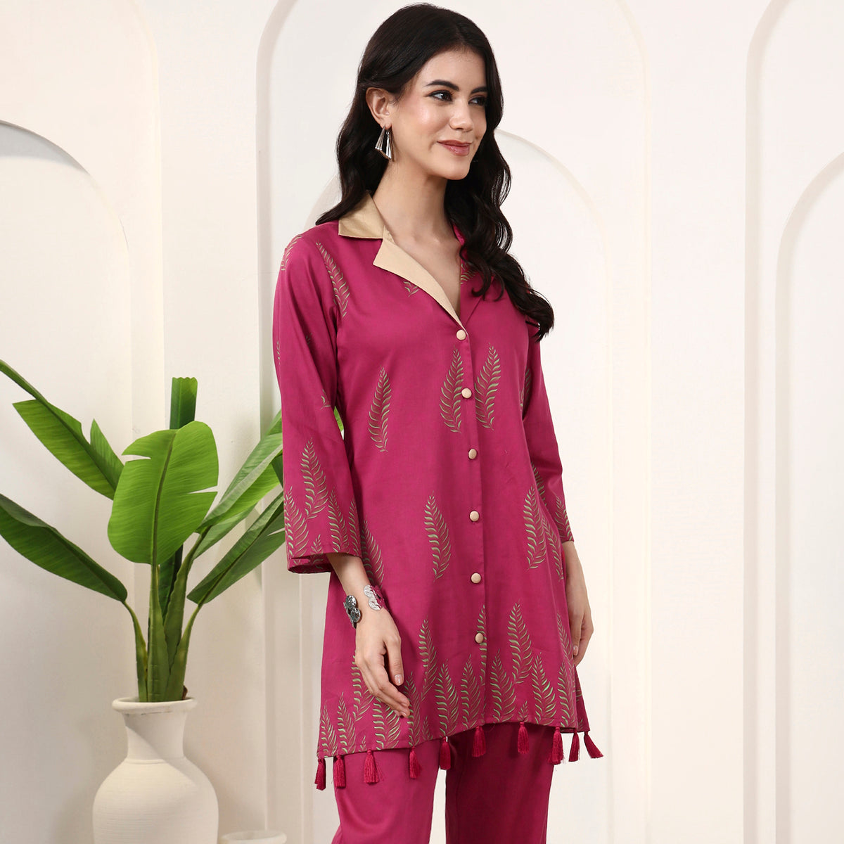 Pink Floral Print Kurta for Women – Cotton Satin – Side View | First Resort by Ramola Bachchan
