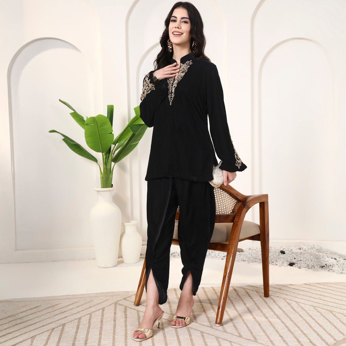 Black Kurta for Women – Silk Velvet – Front View | First Resort by Ramola Bachchan