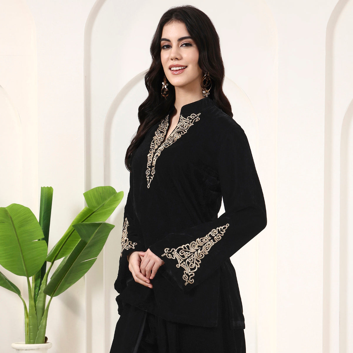 Black Kurta for Women – Silk Velvet – Model View | First Resort by Ramola Bachchan