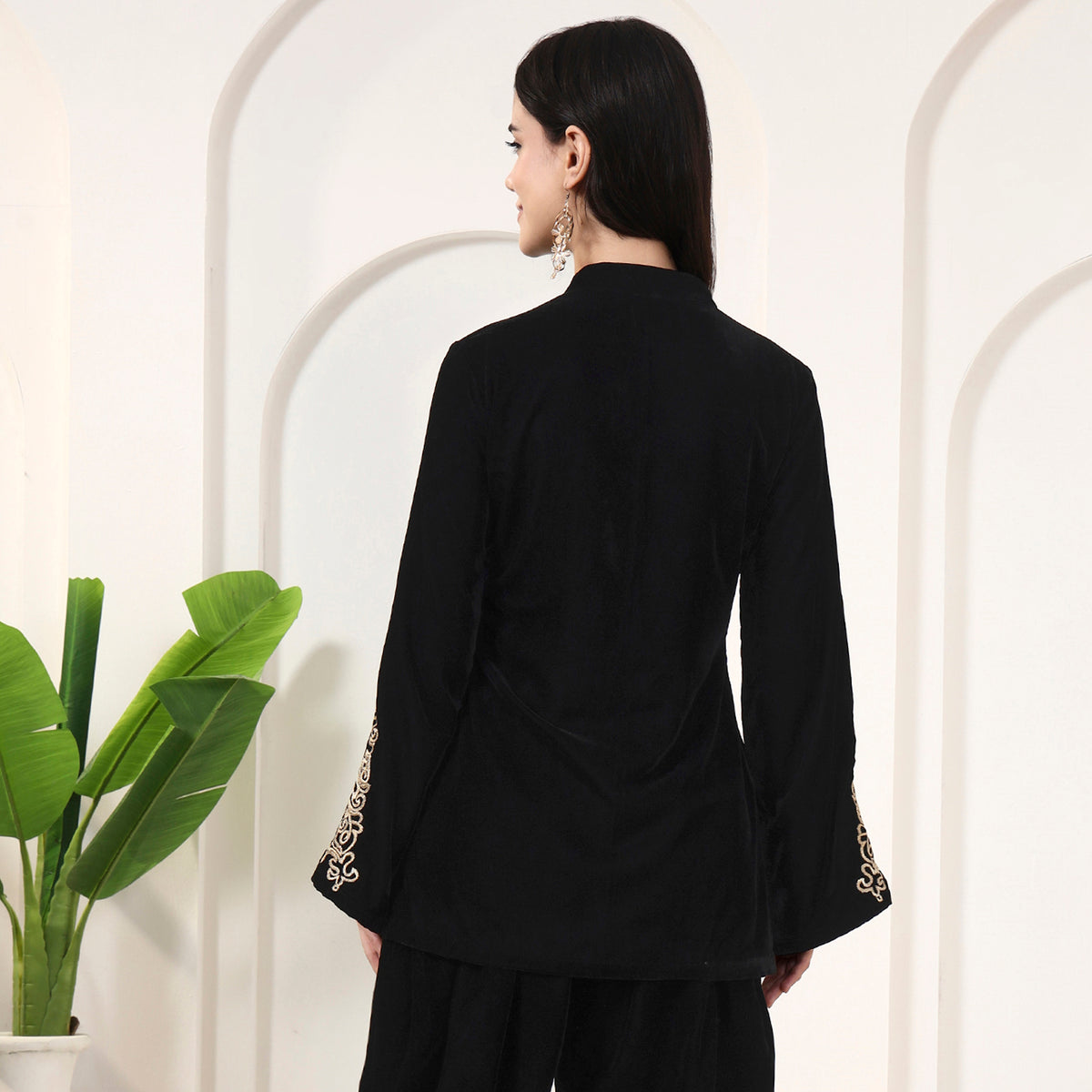 Black Kurta for Women – Silk Velvet – Detail View | First Resort by Ramola Bachchan