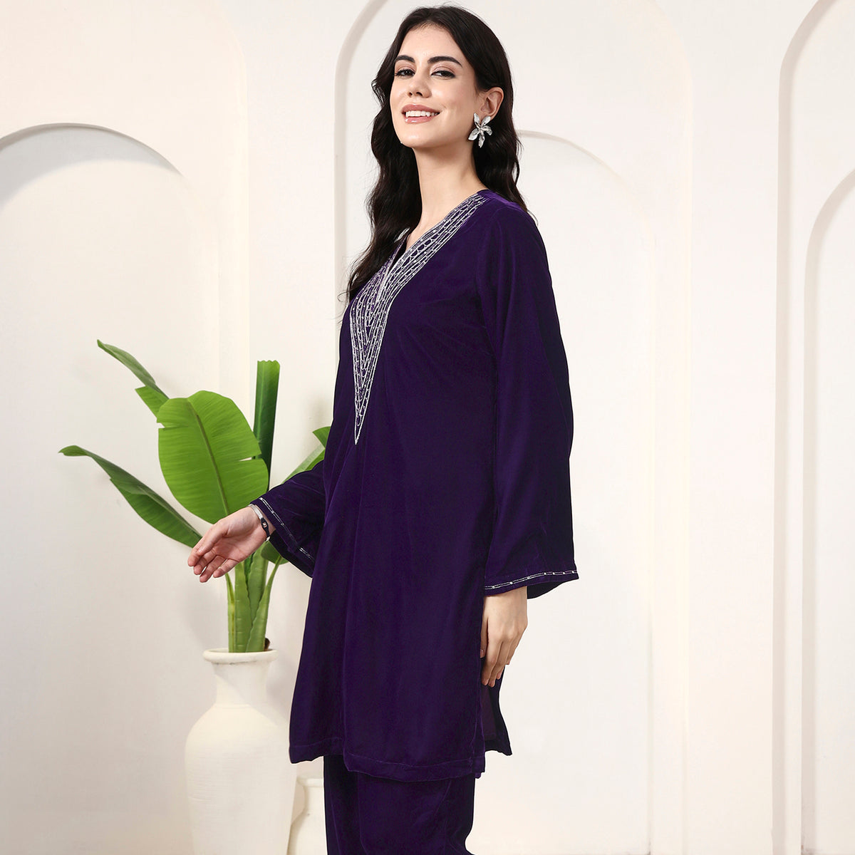 Purple Kurta for Women – Silk Velvet – Model View | First Resort by Ramola Bachchan