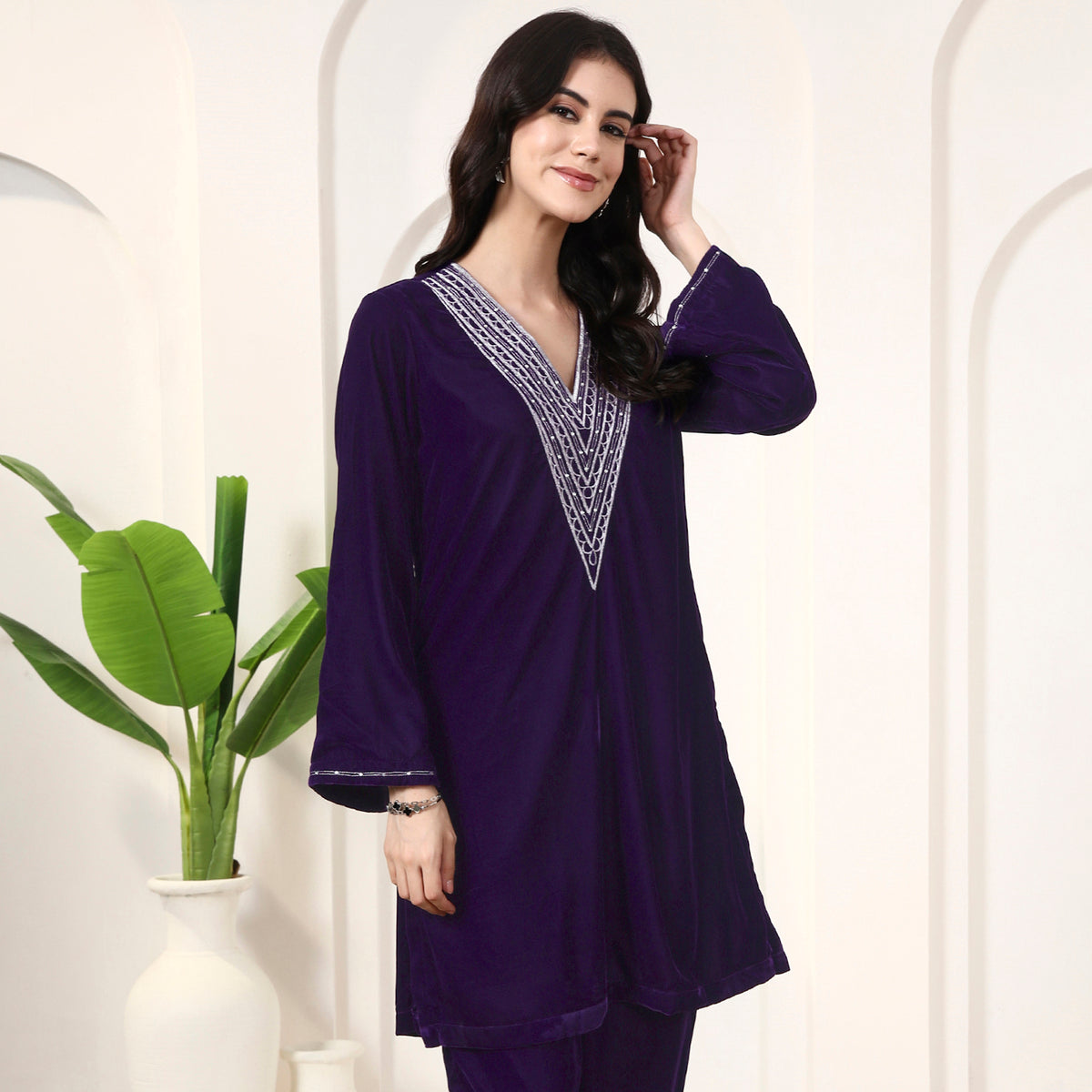 Purple Kurta for Women – Silk Velvet – Side View | First Resort by Ramola Bachchan
