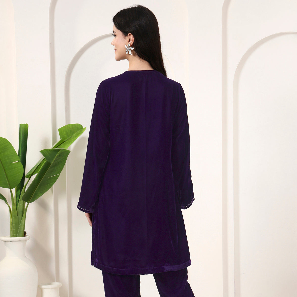 Purple Kurta for Women – Silk Velvet – Detail View | First Resort by Ramola Bachchan