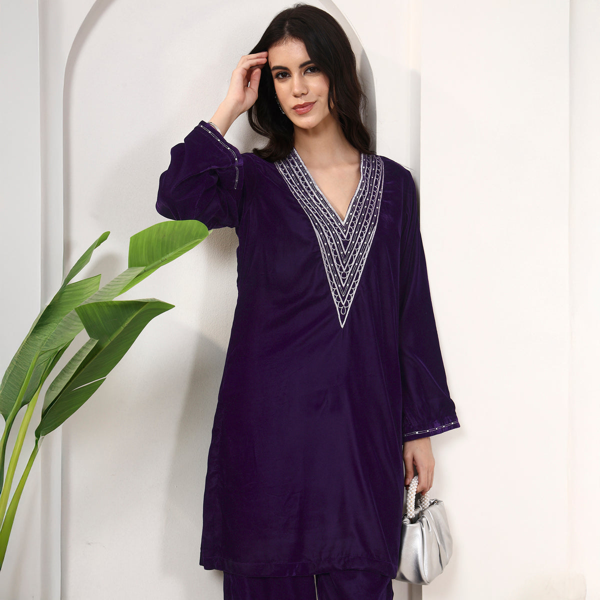 Purple Kurta for Women – Silk Velvet – Back View | First Resort by Ramola Bachchan