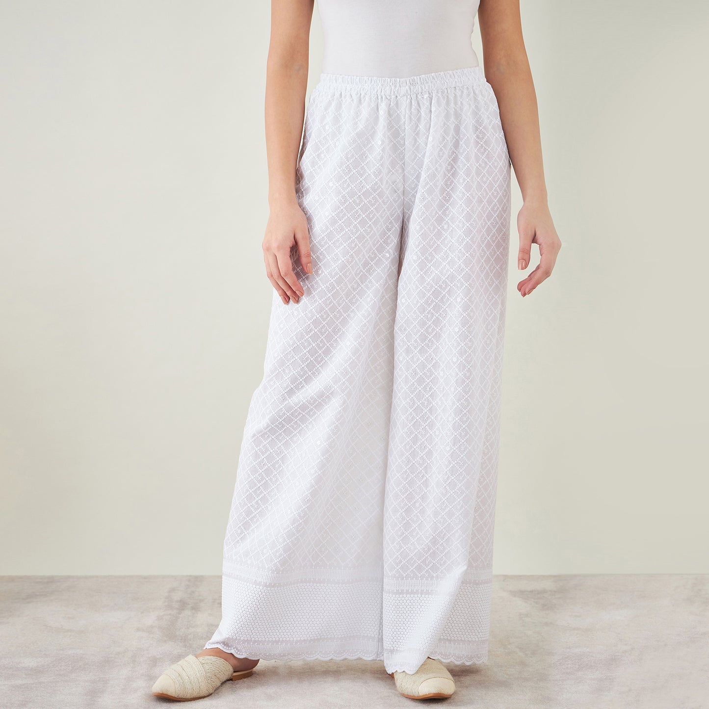 White Embroidered Pants