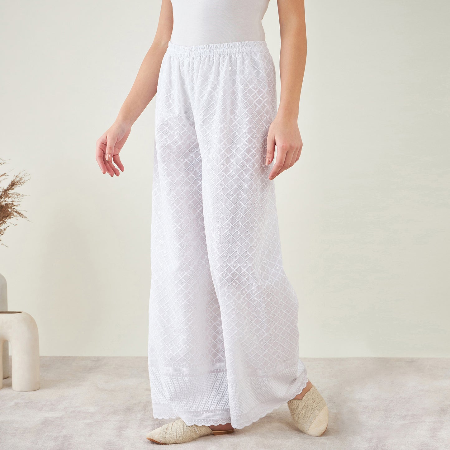 White Embroidered Pants