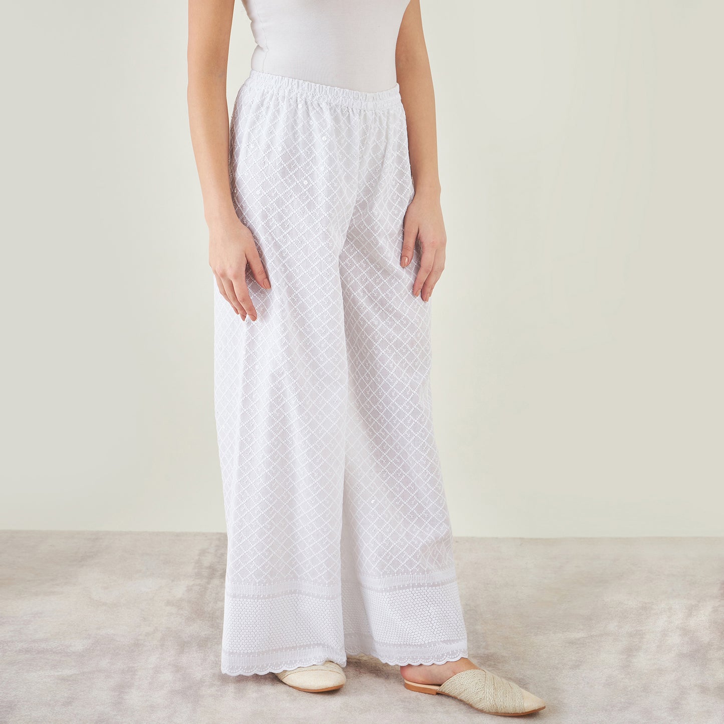 White Embroidered Pants
